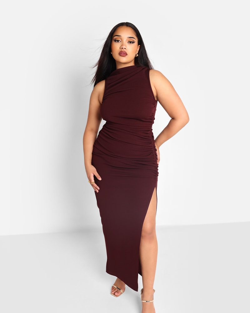 Front of a model wearing a size 3x Rebdolls Women's Hazel Ruched Maxi Bodycon Dress in Purple by Rebdolls. | dia_product_style_image_id:327759